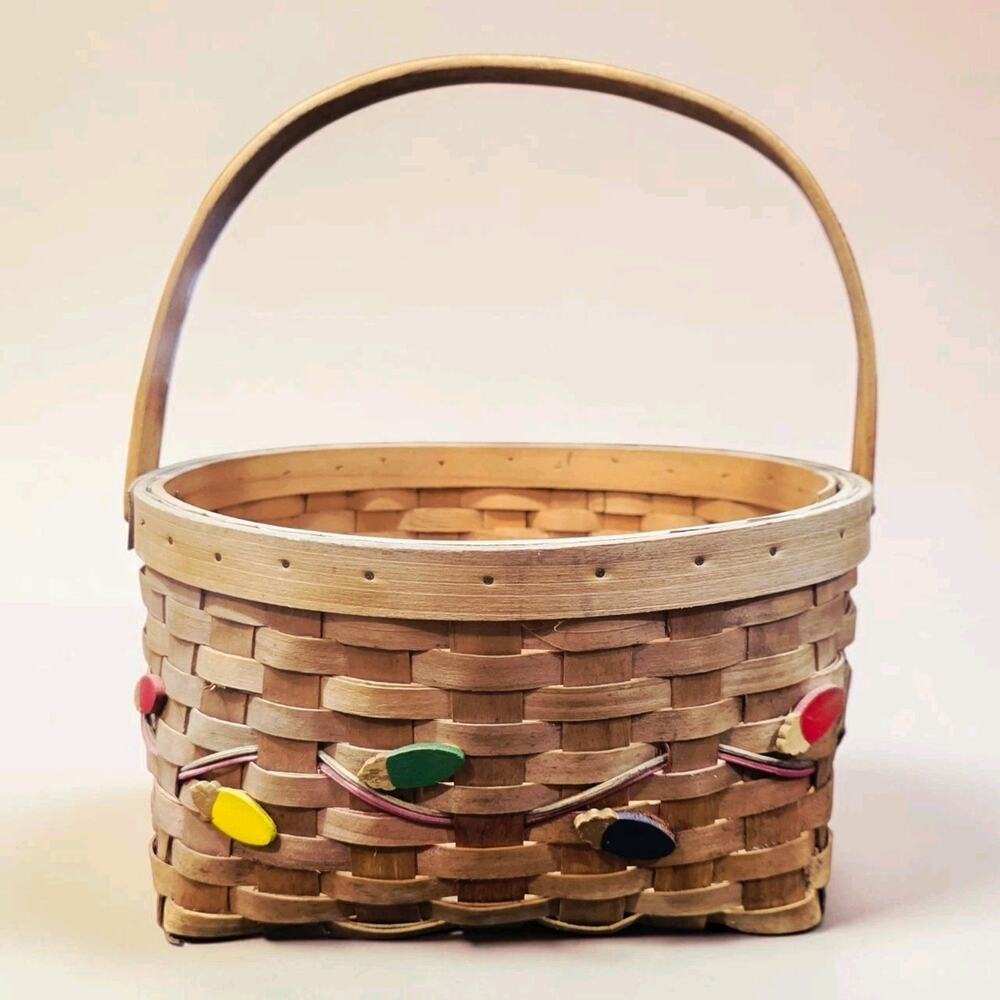 Vintage Woven Wood Christmas Basket Painted Bulb Lights Garland 9" Round Handle